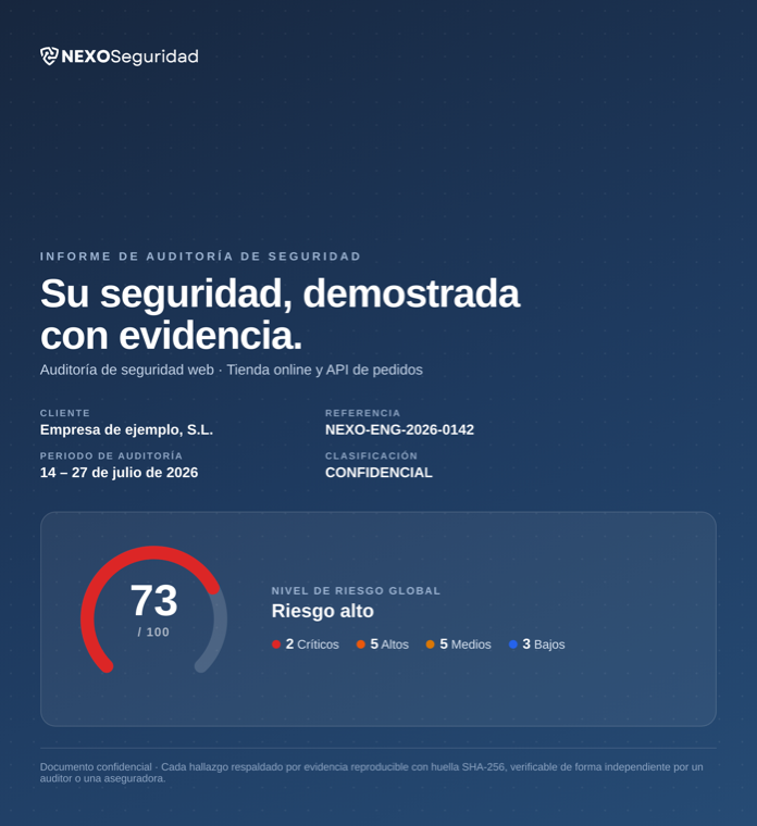 Informe de auditoría de seguridad de Nexo Seguridad, con nivel de riesgo, hallazgos por severidad y evidencia con huella SHA-256.